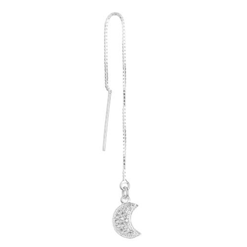 Silver Threaded Drop Long Chain Ear Line Earrings with Moon Charm - Image 4