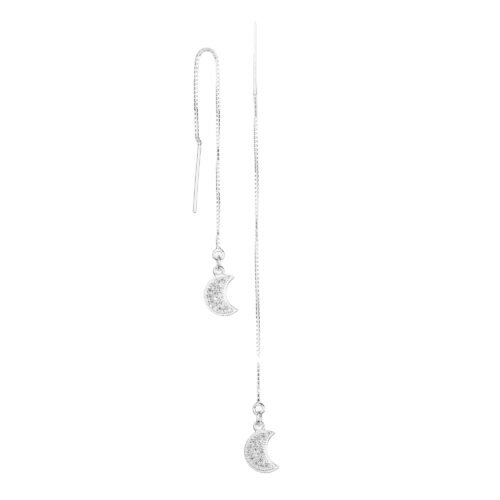 Silver Threaded Drop Long Chain Ear Line Earrings with Moon Charm - Image 3