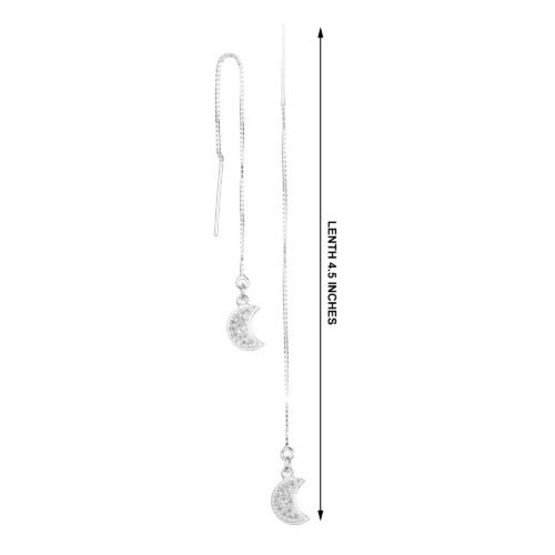 Silver Threaded Drop Long Chain Ear Line Earrings with Moon Charm - Image 2